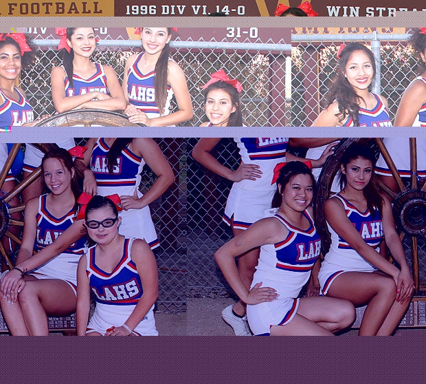 Los Altos (Hacienda Heights, Calif.) cheerleaders pose next to a unique piece of history.