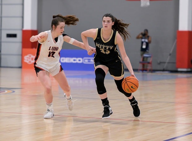 UConn commit Morgan Cheli brings the ball up against LuHi's Syla Swords on Thursday in the Nike TOC championship game. Cheli had 17 for Mitty in their 73-72 win while Swords had 14 for LuHi. (Photo: Darin Sicurello)