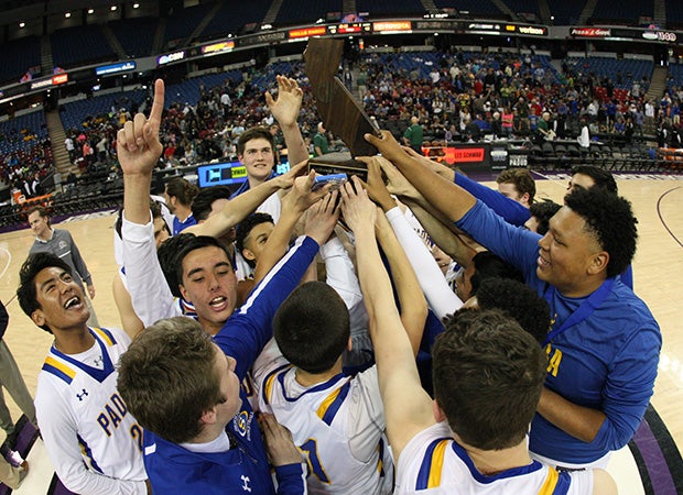Serra celebrates its first basketball title and any state title of any kind for the Padres following a 48-43 win over Long Beach Poly Saturday at Sleep Train Arena.