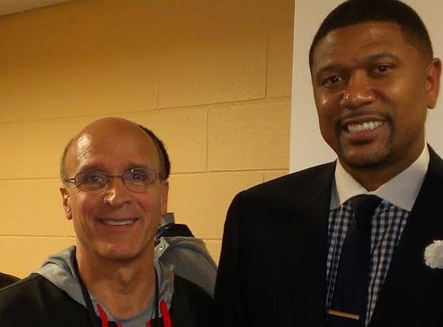 West team coach Frank Allocco meets Jalen Rose Monday in Chicago.