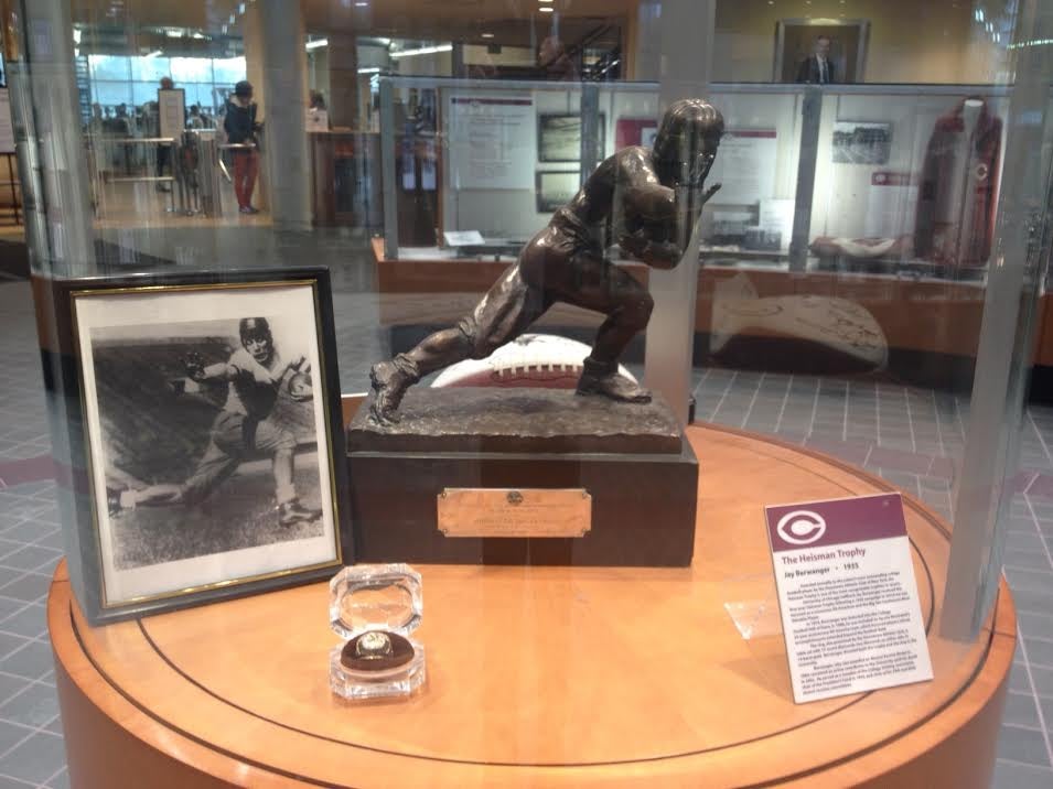 The display at the University of Chicago's Hall of Fame features legendary halfback Jay Berwanger's Heisman Trophy from 1935.