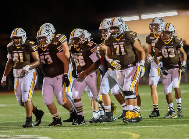Saint Francis' massive offensive front led to Lancers to more than 530 yards of total offense in lopsided win over previous No. 1 Serra on Saturday.