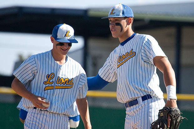 Aaron Judge has a light moment with a teammate during his senior season at Linden in 2010.