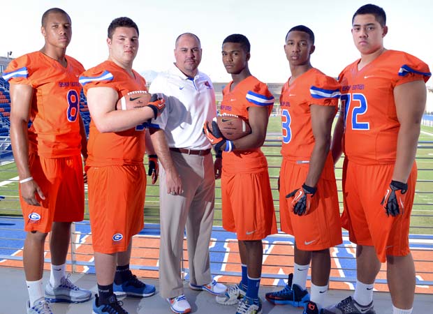 Expections are always high at Bishop Gorman, which has been untouchable against in-state competition and a formidable force on the national scene. Head coach Tony Sanchez (third from left) will rely heavily this season on players (left to right) Alize Jones, Zack Singer, Terrance Chambers, Armand Perry and Tryson Mook.