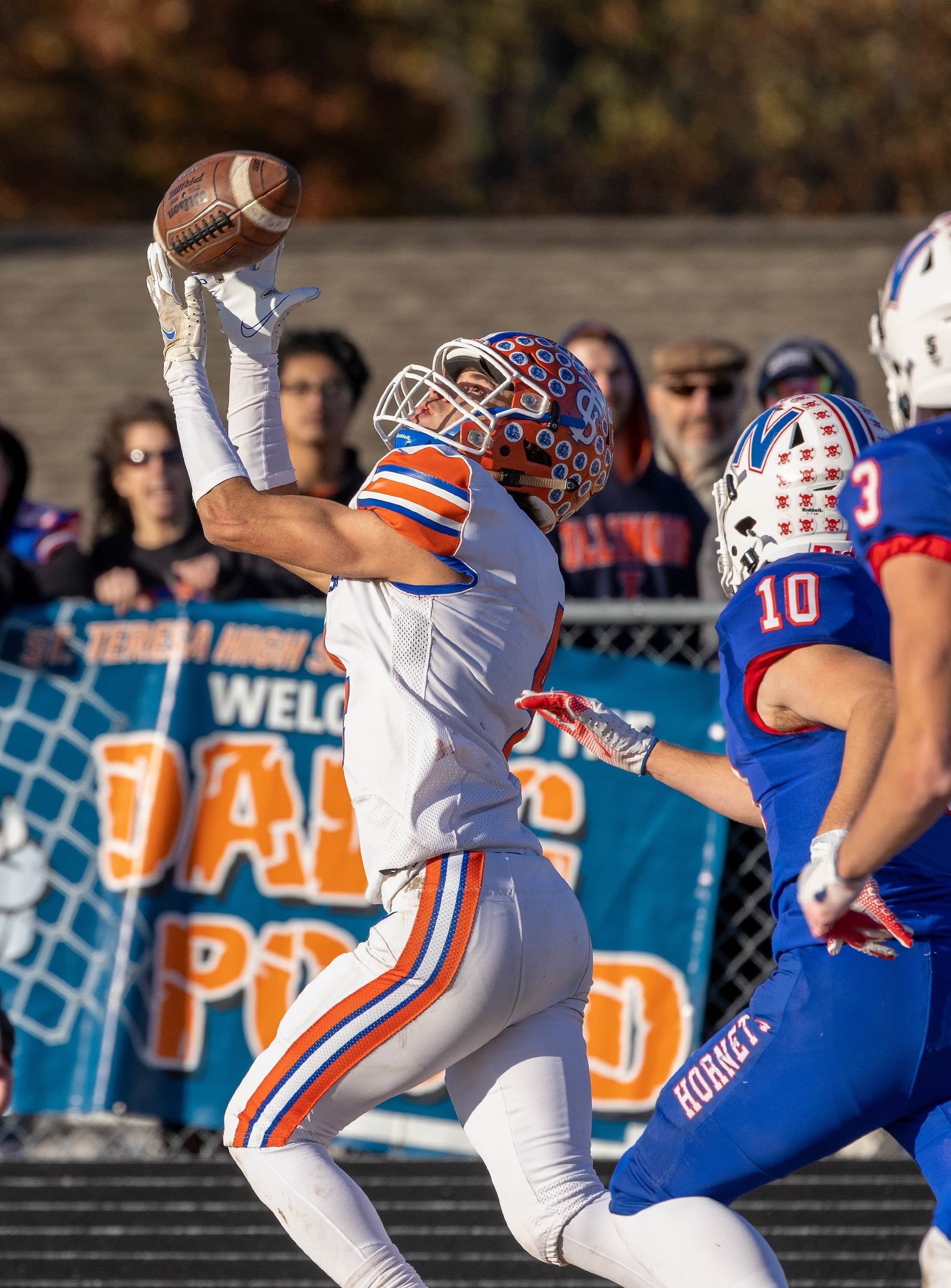 St. Teresa wide receiver Tre Spence catches a long pass and runs it into the end zone for a touchdown during the IHSA 2A Semifinals football game between the Nashville Hornets and the St. Teresa Bulldogs.