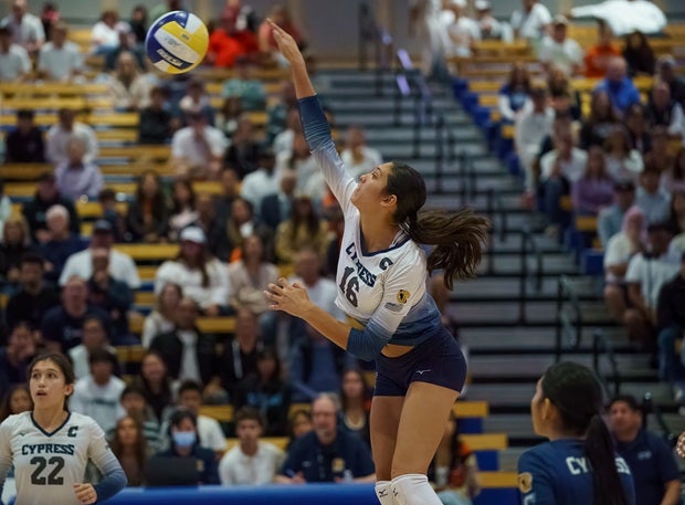 Isabella Faro goes up for one of her team-high 14 kills in Cypress' sweep of Clovis West on Saturday in the CIF Division II state final. It was the first banner for the Cenurions. (PHOTO: Diane Torrence)