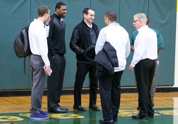 Duke's Mike Krzyzewski was in town to see DeSoto's Marques Bolden back on Jan. 19.