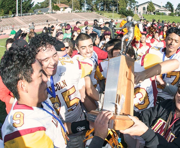 Lincoln celebrates its sixth San Francisco Section championship trophy in the 93rd Turkey Day Game play on Thanksgiving at historic Kezar Stadium.