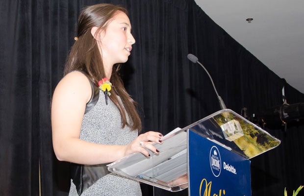 Eden Epner, a Positive Coaching Alliance national student-athlete advisory board member, addresses the crowd at Saturday night's National Youth Sports Awards Program.