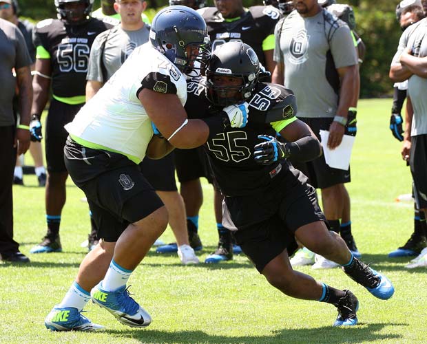 Two of the nation's top lineman recruits - offensive tackle  Damien Mama (left) of St. John Bosco (Bellflower, Calif.) and defensive lineman Da'Shawn Hand of Woodbridge (Va.) - square off Tuesday during the Lineman Challenge in The Opening at Nike World Headquarters in Beaverton, Ore.