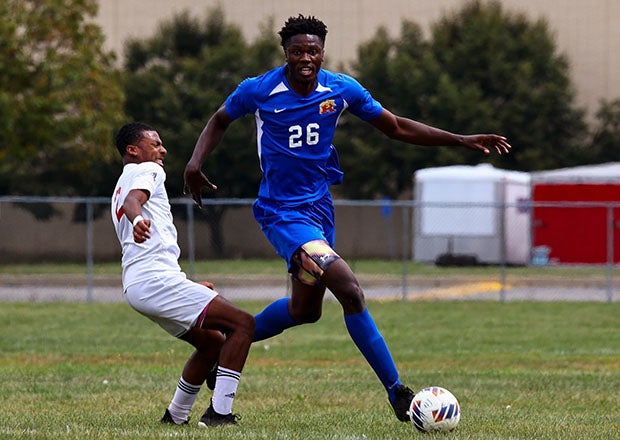 In action here during a 3-1 win over Anderson on Saturday, Flory Bidunga is a massive presence for the Kokomo soccer team. (Photo: Kent Graham)