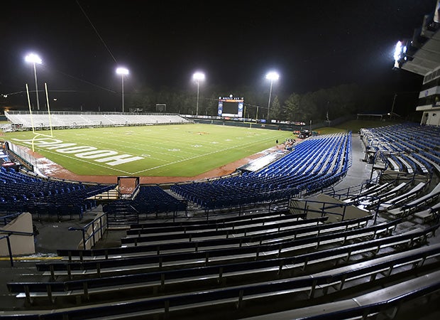 The stadium sits empty after fans exited following the postponement of the St. John's/Hoover game due to lightning.
