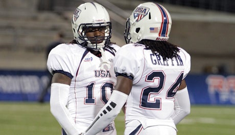 Shaquem Griffin (10) and his brother Shaquill Griffin have been close and push each other to the limit. Even here right before the team's 42-10 win over the World team in the fourth International Bowl in Austin Texas. Shaquem had a spectacular interception in the victory. 