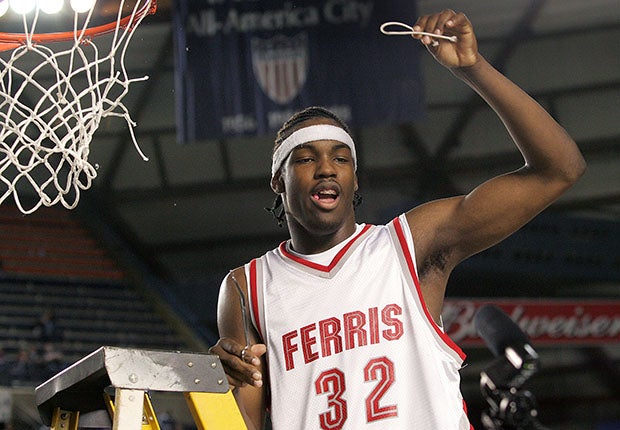 DeAngelo Casto celebrates the second of back-to-back state championships at Ferris in 2008.