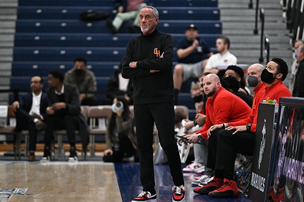 Oak Hill Academy head coach Steve Smith on the sidelines at the Metro Classic in 2022.