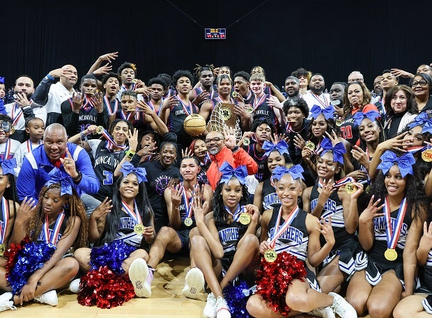 Duncanville celebrates its third straight Texas UIL 6A title after beating McKinney 69-49.