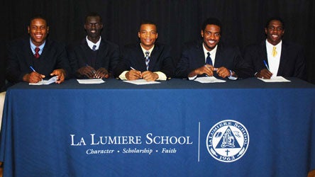La Lumiere college signees, from left to right: Jay Simpson, Obij  Aget, Antonio Drummond, Raphael Davis and Hanner Parea.