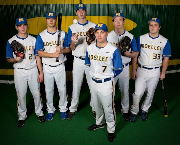 Archbishop Moeller head coach Tim Held (front) has a wealth of returning talent including (back row left to right): Zachariah Logue, Riley Mahan, Nicholas Voss, Augustus Ragland and Thomas Storer.