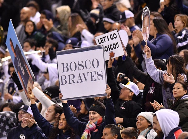 The chilly St. John Bosco Braves' fans kept their team encouraged, even down 28-5. 
