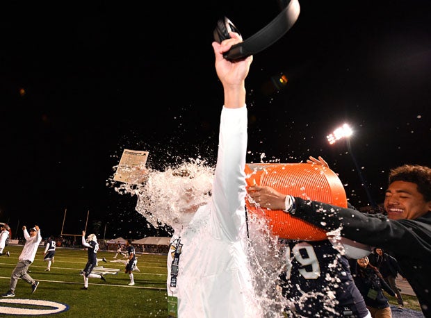 Bosco coach Jason Negro takes full Gatorade bath. 