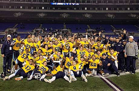 The River Hill football team celebrates after a state championship victory at M&T Bank Stadium, home of the Baltimore Ravens.