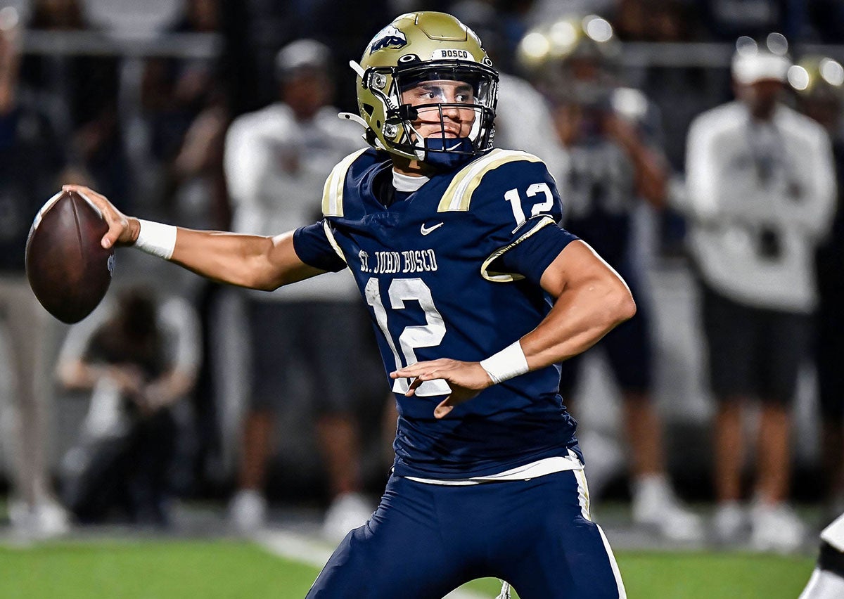 In seven games this season, St. John Bosco quarterback Koa Malau'ulu has 23 touchdown passes against one interception. The sophomore is completing 72 percent of his attempts and has the Braves ranked as the No. 1 team in the nation. (PHOTO: Louis Lopez)