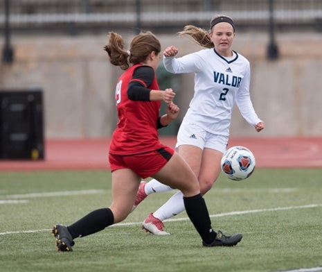 Sophomore Kaleigh Kreimeyer (2) has scored five goals in the playoffs for Valor Christian. The second-seeded Eagles take on No. 1 Windsor in the Class 4A state girls soccer championship Wednesday at Dick's Sporting Goods Park.