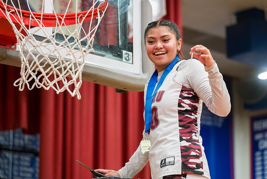 Freshman Josie Lara scored nine points in Nevada's Class 1A state championship game to help Pyramid Lake cut down the nets for the fourth year in a row. (PHOTO: Ed Andersen)