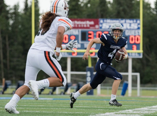 Soldotna quarterback Jersey Truesdell (4) accounted for two touchdowns. 