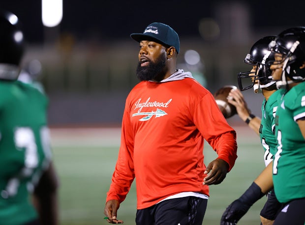 Inglewood coach Mil'Von James during Friday's 106-0 victory over Morningside. 
