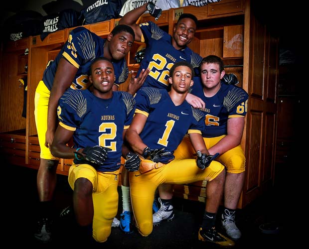 St. Thomas Aquinas will be strong in the trenches, which should set the tone for the team's play on both of sides of the ball. The team will be led by players (counterclockwise from top) Al Harris, Anthony Moten, Madre London, Nick Linder and Corey Holmes.