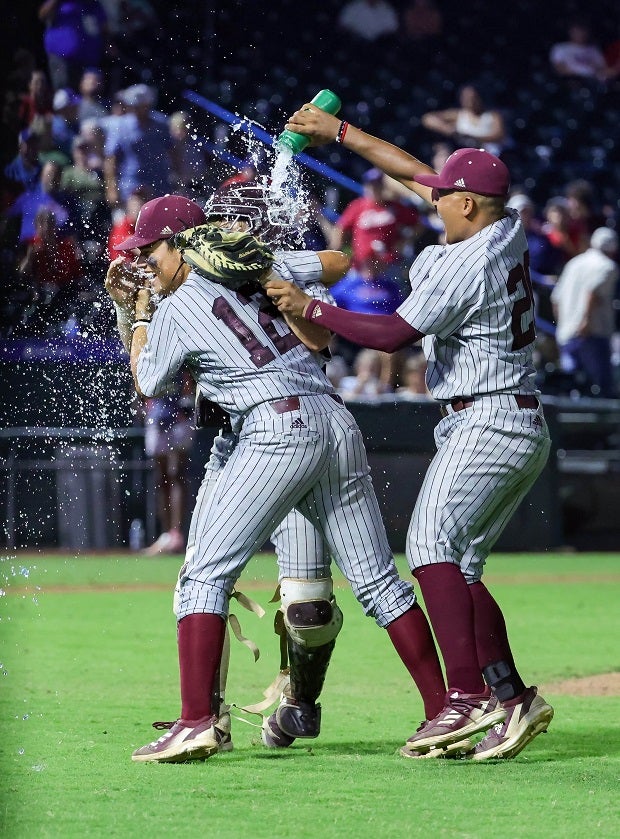 Pearland (Texas) players celebrate after defeating Westlake in the UIL 6A state semifinal game at Dell Diamond. (Photo: Robbie Rakestraw)
