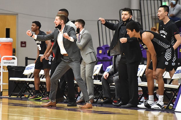 Sunrise Christian Academy's bench reacts during Friday's win over Montverde Academy.