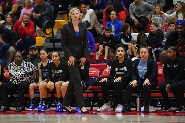 Vanessa Nygaard on the sideline during the 2020 Southern California regional final.