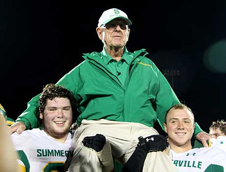 John McKissick rides the shoulders of his players after earning his 600th career victory on Friday night, the most of any football coach at any level.