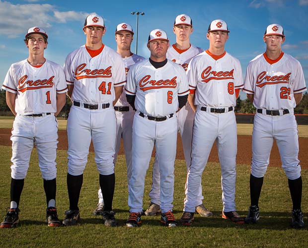 Head coach Johnny Goodrich has seven starters returning from last year's Florida 8A state championship squad. Front row left to right: Zach Spivey, Jordan Brown, Goodrich, Kyle Marsh and Austin Hays. Back row left to right: Gage Hutchinson and Chris Hopkins.