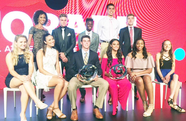 Gatorade individual sport winners: Top row (L-R) ESPN host Sage Steele, Tate Martell, Umar Farouk Osman, Michael Porter Jr., Casey Clinger.
Bottom row (L-R): Taylor Dockins, Lexi Sun, MacKenzie Gore, Sydney McLaughlin, Megan Walker, Brie Oakley.
Note: Kennedy Wesley (girls soccer) and Armand "Mondo" Duplantis (boys track and field) did not attend.