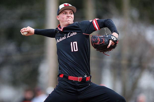 In action here during an early April game, Brock Porter tossed his third no-hitter of the season Friday in the state semifinals.