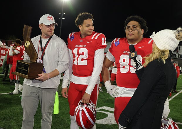 Head coach Frank McManus, quarterback Elijah Brown and defensive lineman Semi Taulanga are interviewed following Mater Dei's 35-0 win over Serra on Saturday night in California's Open Division state championship game. (Photo: Steven Silva)