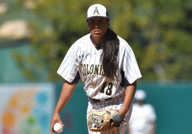 Anaheim junior Jillian Albayati is all business on the mound as proven by her 11-0 record and 1.68 ERA.  