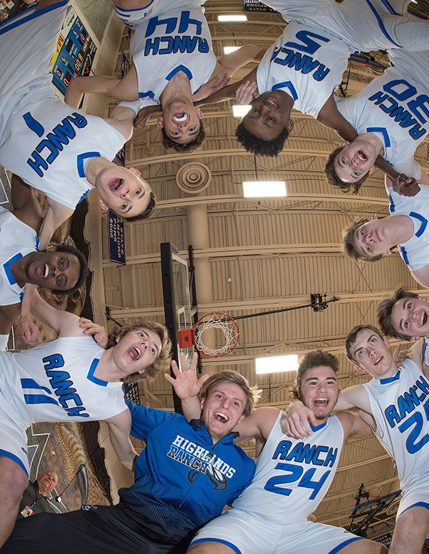 The Highlands Ranch (Colo.) boys basketball team does their pregame huddle prior to tip-off.