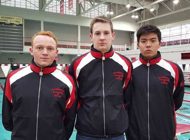 Jordan Buttner, Ian Conley and Jordan Lee (left to right) are underclassmen contributing to the Albuquerque Academy swim and dive program.
