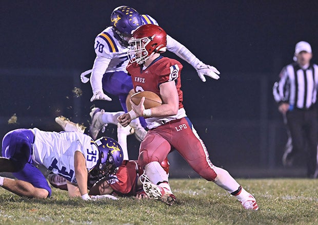 Myles McLaughlin cuts up the field during Friday night's Class 3A state playoff game against Angola. (PHOTO: Dean Reid)