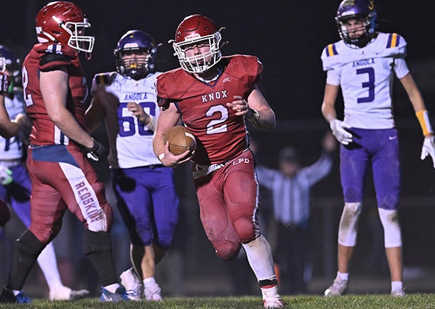 Pictured here in the end zone on his record-breaking touchdown run, Myles McLaughlin scored three times in the first half Friday night. (PHOTO: Dean Reid)