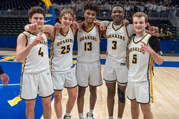 Marcus Frank (13) and Adou Thiero (3) celebrate a win along with teammates Wil Dunda (4), Dan Bartels (25) and Jack Gardinier (5).