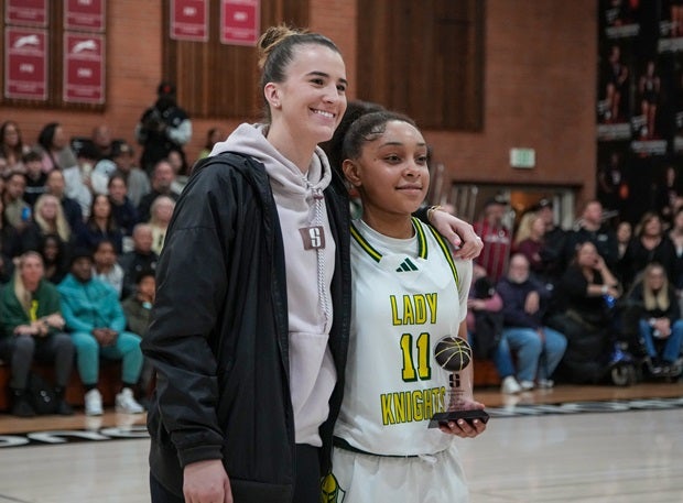 Sabrina Ionescu and game MVP Kaleena Smith pose after Ontario Christian's 61-44 win over No. 1 Archbishop Mitty on Saturday at the Sabrina Ionescu SI20 Showcase in the San Francisco Bay Area. (Photo: Ernie Abrea)