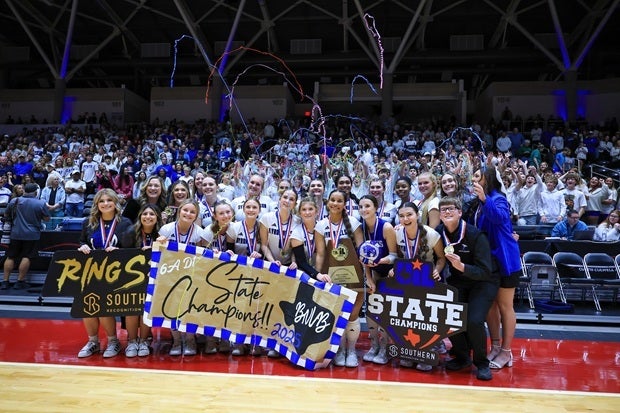 No. 1 Byron Nelson celebrates its second straight Texas volleyball title on Saturday after sweeping Pearland in the Conference 6A Division 1 final. (PHOTO: Robbie Rakestraw)