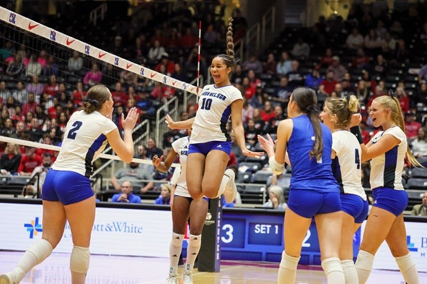 Byron Nelson setter Sophee Peterson celebrates a point in the top-ranked Bobcats' sweep of Dawson in the UIL Conference 6A Division 1 final on Saturday. Byron Nelson won its second straight state title and will finish No. 1 in the final MaxPreps Top 25. (PHOTO: Robbie Rakestraw)