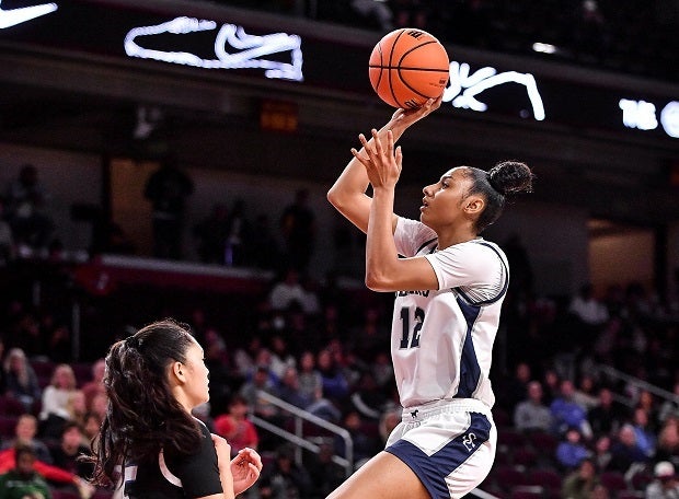 Juju Waktins of Sierra Canyon goes up for a floater in the No. 2 Trailblazers' 64-55 win over No. 6 La Jolla Country Day on Saturday at The Chosen 1's showcase at USC's Galen Center. Watkins had 30 points and 18 rebounds in the win. (Photo: Louis Lopez)