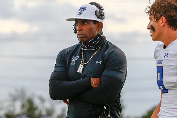 Deion Sanders on the sideline with Trinity Christian during a game earlier this month.